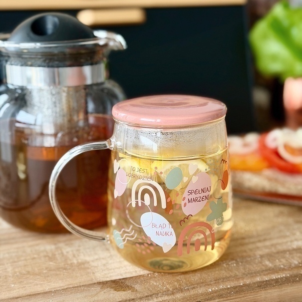 Kubek szklany z zaparzaczem i ceramiczną pokrywką Tadar Spełniaj marzenia 500 ml