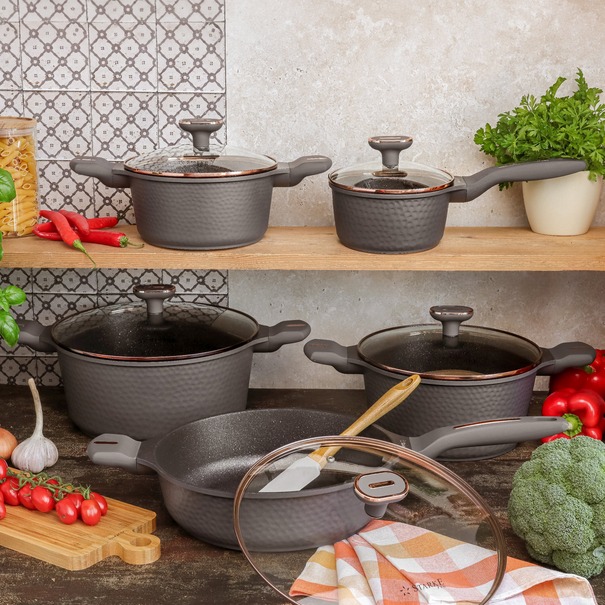Zestaw garnk&oacute;w na indukcję Starke Pro Texture Grey 10 element&oacute;w i 3 noże Toshiro