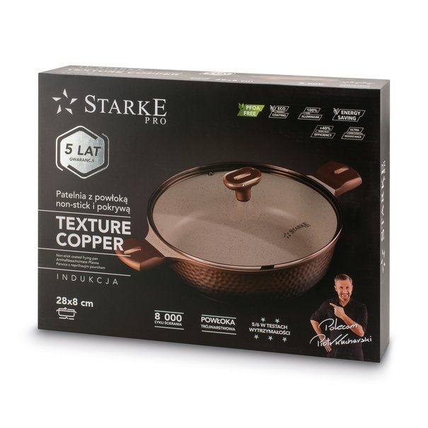 Patelnia głęboka na indukcję kr&oacute;tkie uchwyty Starke Pro Texture Copper 28 x 8 cm