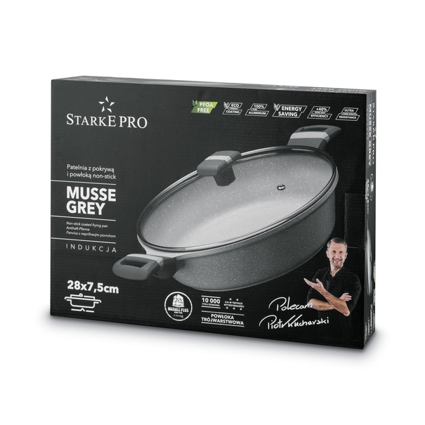 Patelnia na indukcję marmurowa z pokrywką kr&oacute;tkie uchwyty Starke Pro Musse Grey 28 cm
