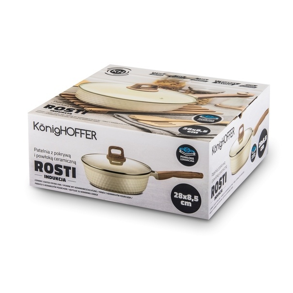 Patelnia z powłoką ceramiczną na indukcję Konighoffer Rosti z pokrywką 28 cm kremowa