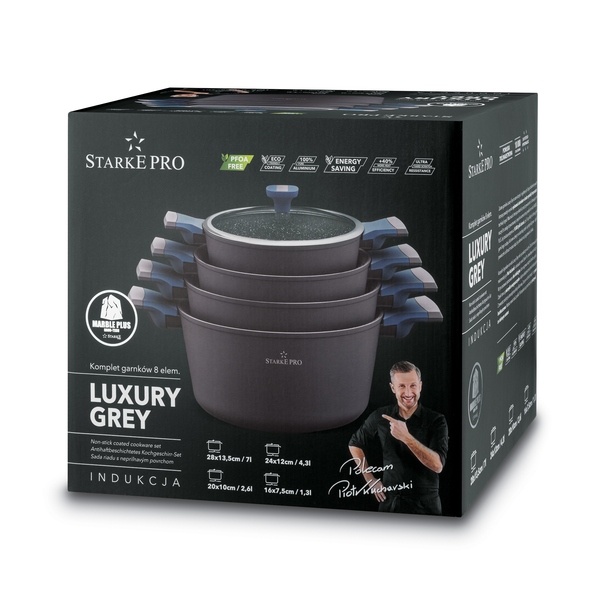 Zestaw garnk&oacute;w na indukcję marmurowych Starke Pro Luxury Grey II 8 element&oacute;w