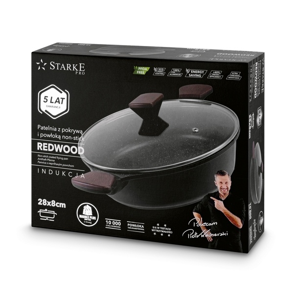 Patelnia marmurowa na indukcję z pokrywką kr&oacute;tkie uchwyty Starke Pro Redwood 28 cm