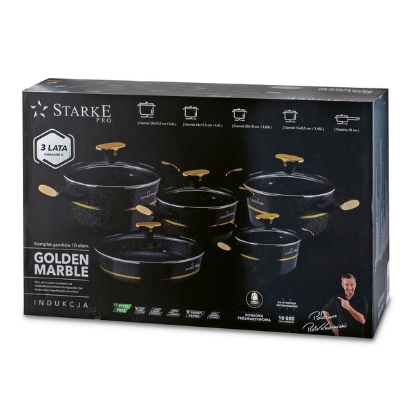 Zestaw garnk&oacute;w na indukcję Starke Pro Golden Marble 10 element&oacute;w