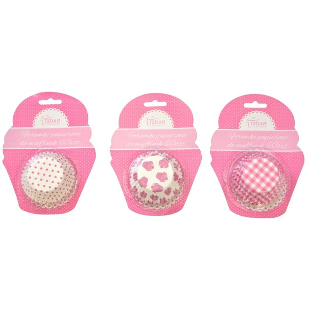 Papierowe papilotki do muffinek 60 szt r&oacute;żowe mix 3 wzor&oacute;w 5 x 6,5 x 3 cm