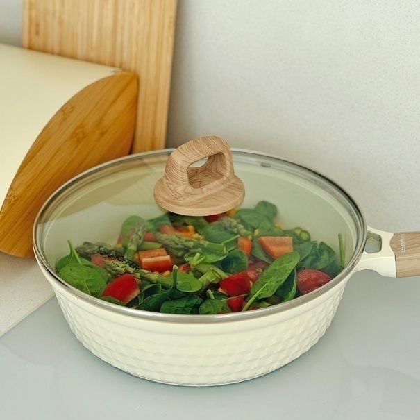 Patelnia z powłoką ceramiczną na indukcję Konighoffer Rosti z pokrywką 28 cm kremowa