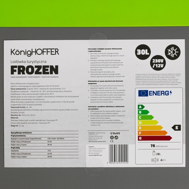 Lod&oacute;wka turystyczna elektryczna 12 V 230 V Konighoffer Frozen 30 l