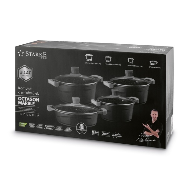 Zestaw garnk&oacute;w na indukcję Starke Pro Octagon Marble 8 element&oacute;w