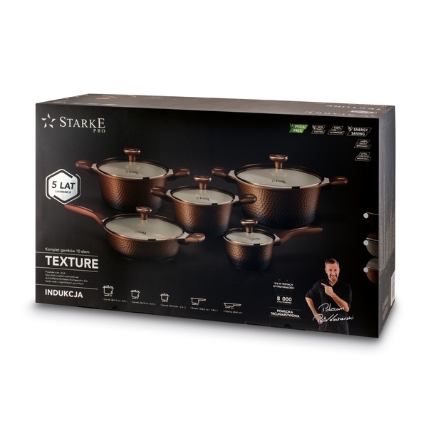 Zestaw garnk&oacute;w na indukcję Starke Pro Texture Copper 10 element&oacute;w i 3 noże Toshiro