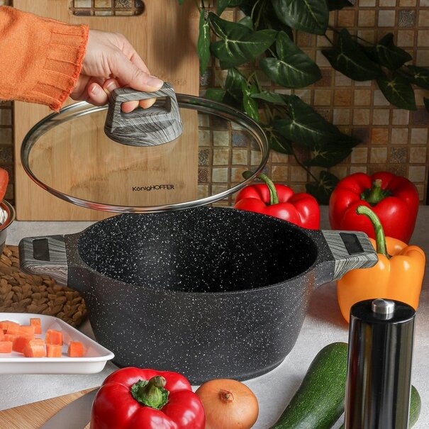 Zestaw 3 garnk&oacute;w i 2 patelni na indukcję Konighoffer Arancini oraz 10 akcesori&oacute;w kuchennych