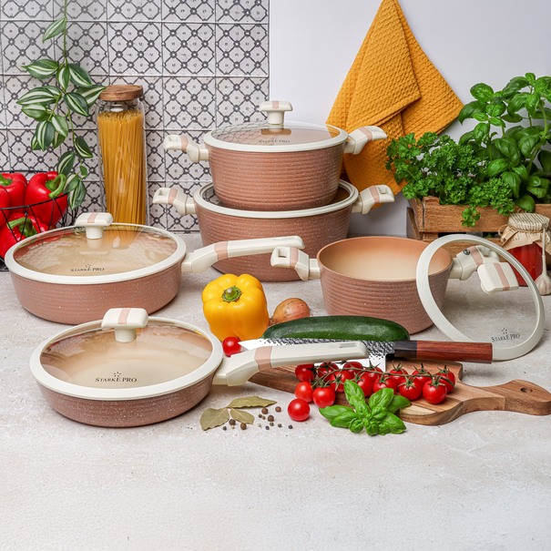 Zestaw garnk&oacute;w i patelni indukcyjnych z pokrywkami Starke Pro Coretto 10 element&oacute;w