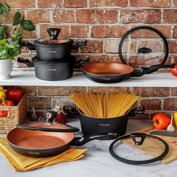 Zestaw garnk&oacute;w na indukcję z powłoką marmurową Starke Pro Dark Copper 10 element&oacute;w