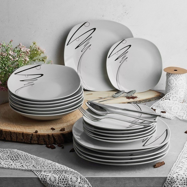 Zestaw kwadratowych talerzy porcelanowych Tadar Wstęga 18 element&oacute;w