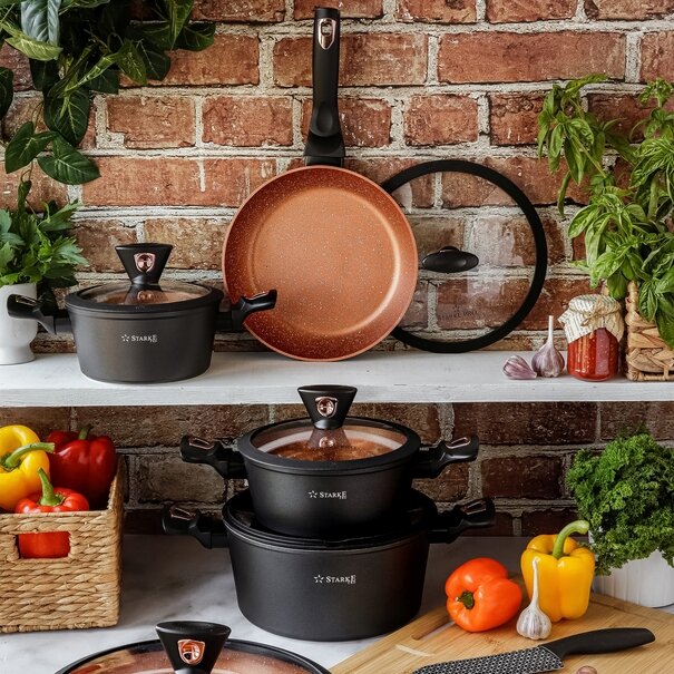Zestaw garnk&oacute;w na indukcję z powłoką marmurową Starke Pro Dark Copper 10 element&oacute;w