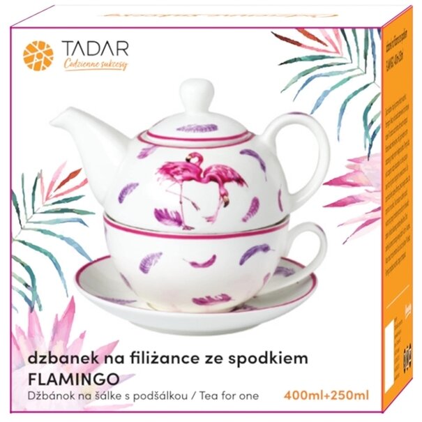 Dzbanek porcelanowy z filiżanką i spodkiem Tadar Flamingo 400 ml/250 ml