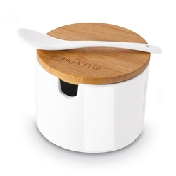 Cukiernica z łyżeczką i bambusową pokrywką porcelanowa NBC Konighoffer 350 ml biała